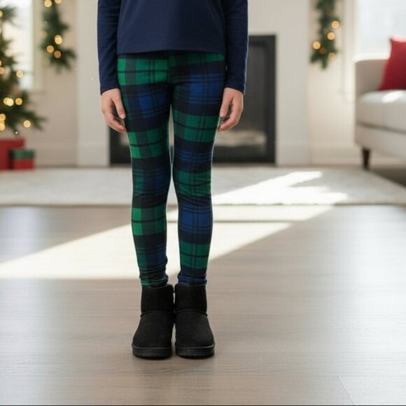 S/L NEW Girls Green Plaid Christmas Leggings, Luxury Soft Kids Yoga Pants - Picture 1 of 9